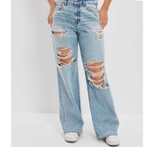 American Eagle Outfitters Women's Distressed Light Blue Wide Leg Jeans